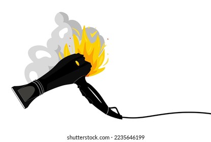 Broken hair dryer. Household appliances. Support service. Broken burning hair dryer, damaged home appliance vector Illustration on a white background