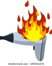 Broken Hairdryer. Red Fire And Flame. Damaged Device For Drying Hair. Home Appliances. Dangerous Situation. Cartoon Flat Illustration