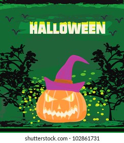 broken halloween pumpkin on grunge green background vector illustration