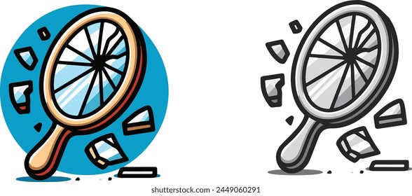Espejo de mano roto. Superstición ilustración tema de belleza. Icono de espejo batido aislado. Concepto de espejo dañado de dibujos animados.