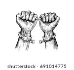 Broken handcuff Freedom concept, Hand Drawn Sketch Vector illustration. 