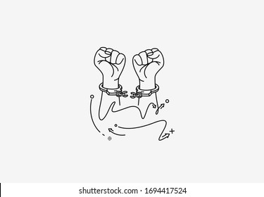 Broken Handcuff Freedom Concept, Hand Drawn Sketch Vector Illustration. 