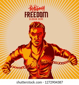 Broken handcuff Freedom concept. Two hands clenched in a fist tearing chains that they shackled the symbol of the revolution of freedom.