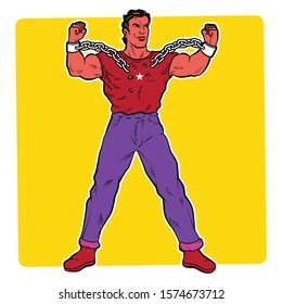 Broken handcuff Freedom concept. Two hands clenched in a fist tearing chains that they shackled the symbol of the revolution of freedom. Pop Art Illustration.
