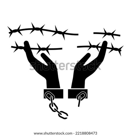 Broken handcuffs, manacles or shackles icon. Unchained hands and destructed barbed wire as freedom symbols. Vector Illustration
