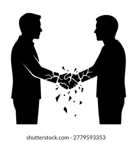 Broken Handshake Concept Vector Two Businessmen Silhouette Shaking Hands with Crack Deal Failure Conflict Disagreement Partnership Contract Breach Illustration