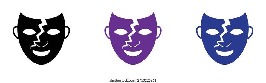 Gebrochene glückliche Maske Symbol-Set. Cracked Mask Icon Vektor Glyphe, die eine Sicherheitsverletzung oder Identitätstäuschung gebrochen Verkleidungssymbol für Betrug und Anonymität Fehler Grafik.