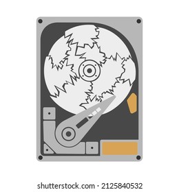 Zerbrochene Festplatte auf weißem Hintergrund. Geöffnete interne HDD-Schaltung mit Platte abgestürzt auf Stücke in einfachem flachen Stil. Vektorelement für technisches Design, Computerreparatur, Datenwiederherstellungskonzept