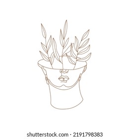 Broken head of Michelangelo's David with branch. One line mystic greek sculpture. Contemporary vector art for design of posters, clothes, logo, tattoo, invitations.