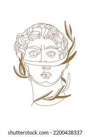 Broken head of Michelangelo's David with branch. One line mystic Greek sculpture. Contemporary vector art for design of posters, clothes, logo, tattoo, invitations.