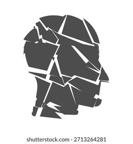 Zerbrochene Kopfsilhouette, die psychische Kämpfe symbolisiert. Symbol für PTBS, Alzheimer, Depression, Stress, Verwirrung, Trauma und emotionale Probleme. Zerschlagener Mann. Vektorgrafik. 