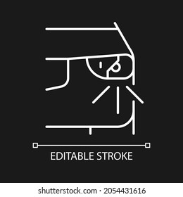 Broken headlight white linear icon for dark theme. Vehicle with cracked taillights. Driving hazard. Thin line customizable illustration. Isolated vector contour symbol for night mode. Editable stroke