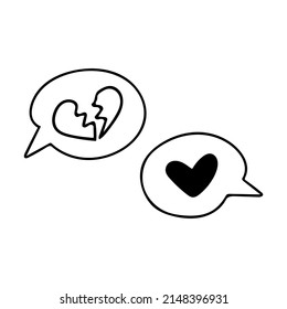 Broken and healed heart bubbles line art icon. Sad mental state after breakup, divorce therapy healing, bad feelings. Vector illustration for psychology, broken relationship emotions and thoughts