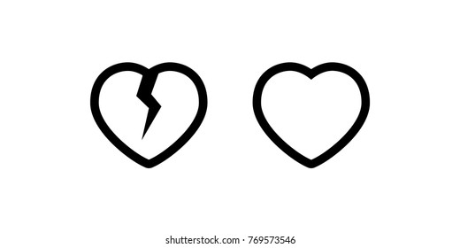 Broken and healthy heart icons, black bold linear vector