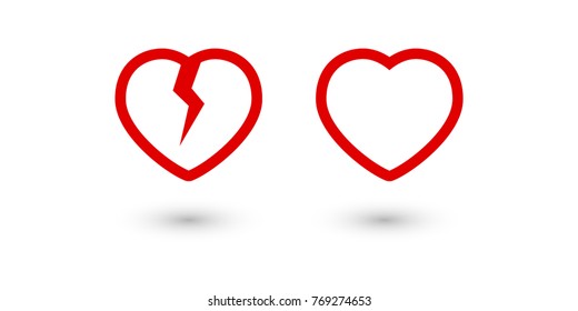 Broken and healthy heart icons, red linear vector