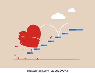 Corazón roto. Después del fracaso del amor, agotamiento o sin inspiración.  Ilustración vectorial plana