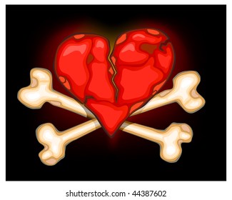 The broken heart against bones, terrible ominous symbol on black background