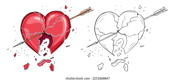corazón roto con flecha aislada en fondo blanco