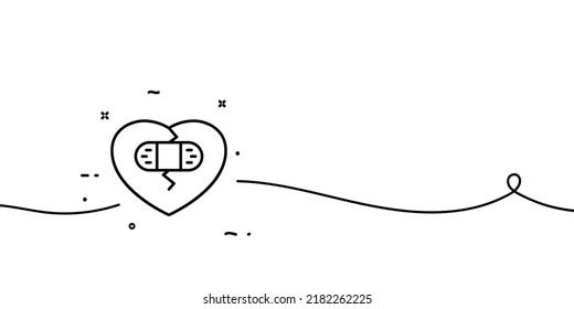 Broken heart with band aid line icon. Relationships, love, betrayal, pain, faithfulness, partners, fidelity. Feelings concept. One line style. Vector line icon for Business and Advertising.