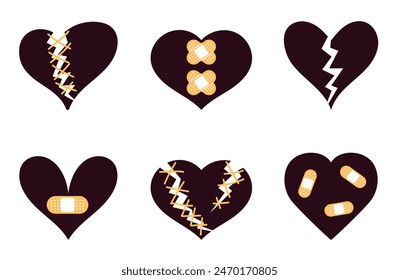 Broken heart bandage crack isolated set. Vector graphic design illustration
