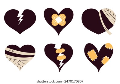 Broken heart bandage crack isolated set. Vector graphic design illustration
