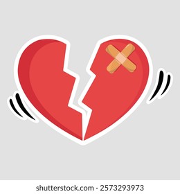 Broken Heart with Bandage Sticker. Vector illustration of a broken heart with a bandage, symbolizing healing and recovery from heartbreak, perfect for emotional and love-themed designs