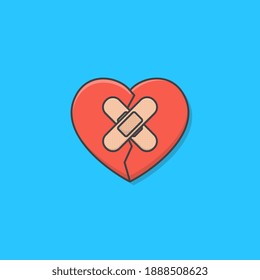 Broken Heart With Bandage Vector Icon Illustration. Plaster Love Heart Flat Icon