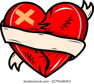 Broken Heart with bandages and ribbon around it. Heart. Isolated heart