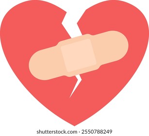 Broken Heart with Bandaid, isolated flat illustration in transparent background