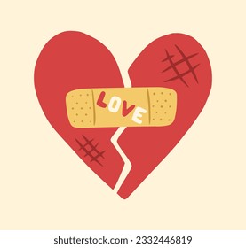 Broken heart with band-aid, plaster, patch. Illustration of broken heart. Design for greeting card, invitation, print, sticker. Illustration for valentine's day.