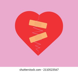 Broken heart with a band-aid. Valentine's Day. Vector illustration.