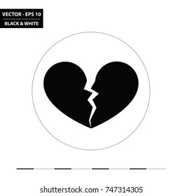 Broken heart black and white flat icon. Vector Illustration.