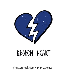 Broken heart blue icon closeup. End to relationship or marriage. Break up and separation split of couple, cracked love.  Illustration for greeting cart, poster and header.