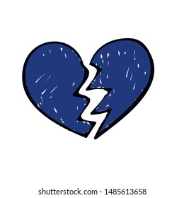 Broken heart blue icon closeup. End to relationship or marriage. Break up and separation split of couple, cracked love.  Illustration for greeting cart, poster and header.