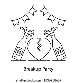 Broken heart with bottles, vector style of breakup party 
