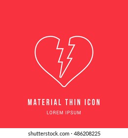 Broken Heart Bright red material designed line thin flat icon / logo