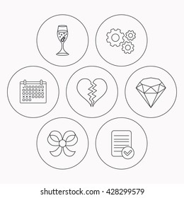 Broken heart, brilliant and engagement ring icons. Bow-knot linear sign. Check file, calendar and cogwheel icons. Vector