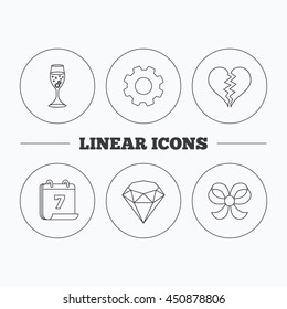 Broken heart, brilliant and engagement ring icons. Bow-knot linear sign. Flat cogwheel and calendar symbols. Linear icons in circle buttons. Vector