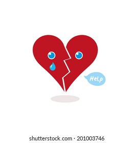 Broken Heart Calling for Help  Cartoon Vector Illustration  A broken red heart crying   asking for help (little speech balloon)  The shape is cracked in half   tear is falling from its right eye