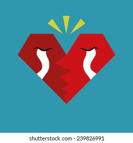 Broken Heart Calling for Help, Cartoon Vector Illustration. A broken red heart crying 