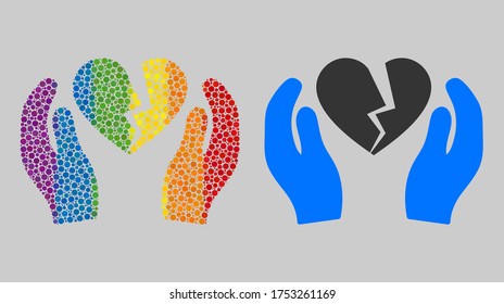 Broken heart care palms collage icon of circle elements in various sizes and spectrum color tints. A dotted LGBT-colored Broken heart care palms for lesbians, gays, bisexuals, and transgenders.