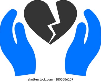 Broken Heart Care Palms flat vector pictogram. An isolated icon on a white background.