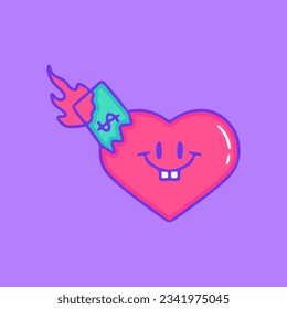 Broken heart character with burning money inside, illustration for t-shirt, sticker, or apparel merchandise. With doodle, retro, groovy, and cartoon style.