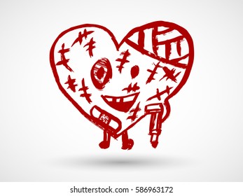 Broken heart character icon in red color. Hurt love symbol.