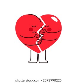 Broken heart character love icon. Vector dramatic symbol of heartbreak and marriage divorce. Romantic and loving sign design. Lover loss and relationship pain card. Person icon for romance end. Sorrow