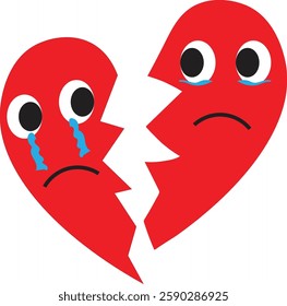 Broken Heart Character with Sad Expression Crying in Flat Vector Illustration Symbolizing Heartbreak, Separatin, and Emotional Distress. Isolated on White Background.