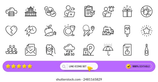 Broken heart, Charging station and Apple carrot line icons for web app. Pack of Video conference, Cloud server, Dish plate pictogram icons. Airplane, Survey checklist, Charging time signs. Vector