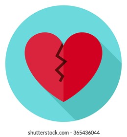 Broken Heart Circle Icon. Flat Design Vector Illustration with Long Shadow. Happy Valentine Day and Love Symbol.