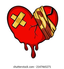 Broken heart clipart, Drip Blood , Heart injury with adhesive elastic medical plasters and bandage,