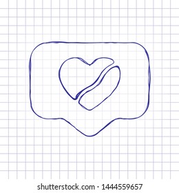Broken heart in cloud notification, dislike. Social icon. Hand drawn picture on paper sheet. Blue ink, outline sketch style. Doodle on checkered background